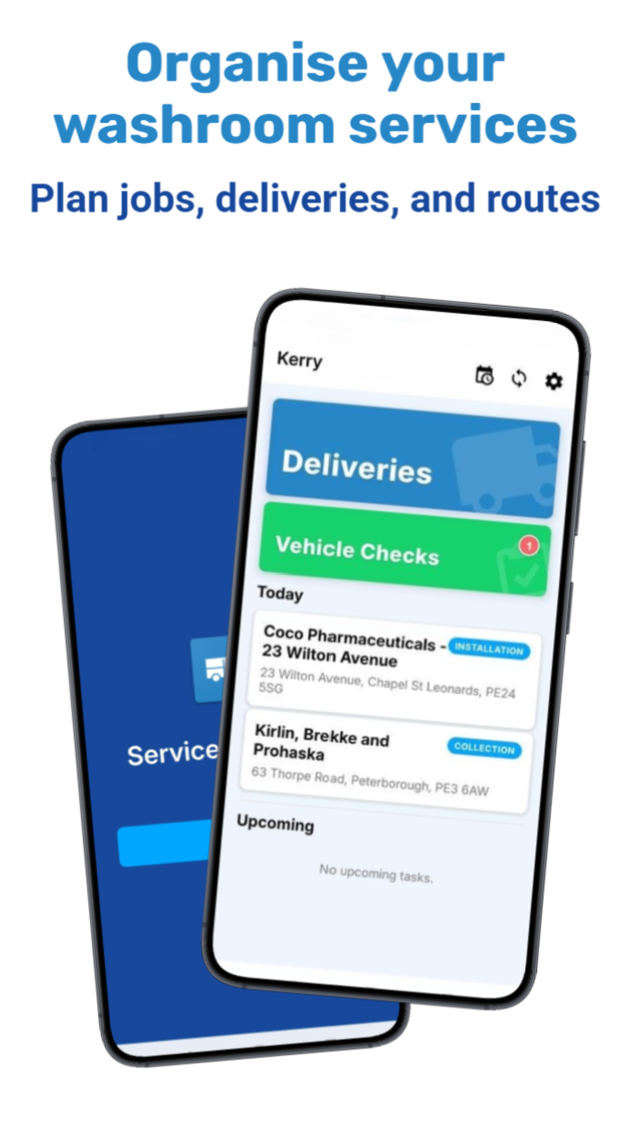 Service Manager Android app showing deliveries and job status