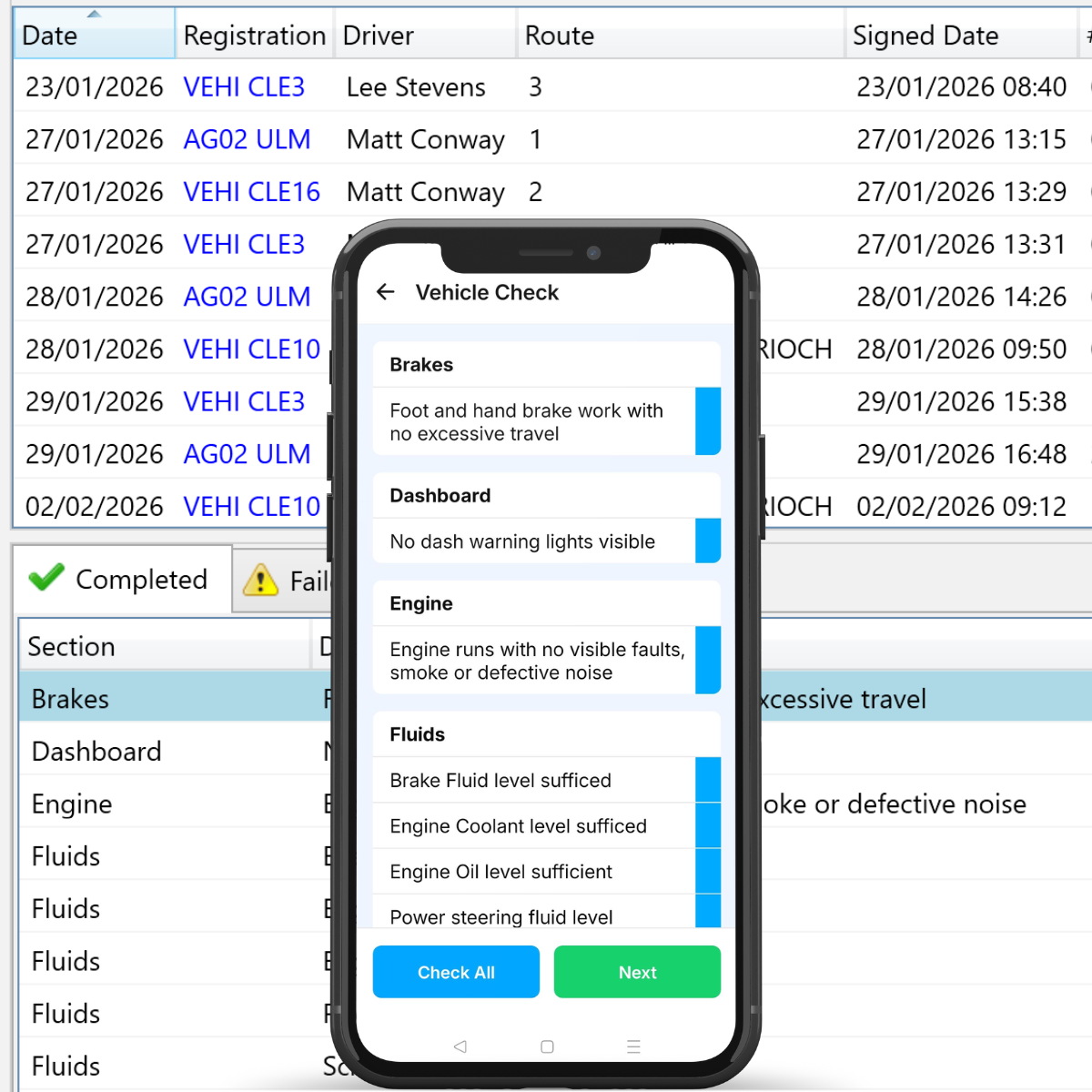 Daily vehicle maintenance checks completed in a mobile app